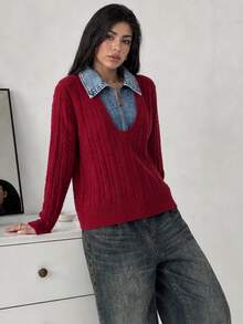 Wixra Women V Neck Fake Two‑Piece Sweater Denim Lapel Half Zip Cable Knit Long Sleeve Pullover Jumper - Burgundy - View 7