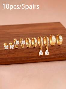 10PCS Light Luxury Water Drop Zirconia Hoop Earrings Set For Woman 18K Gold Plated Stainless Steel Butterfly Helix Ear Stud Daily Wear Jewelry - 10PCS-gold - View 4