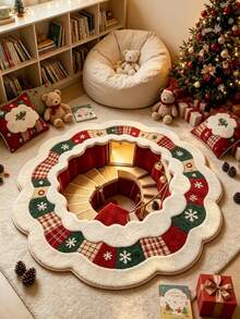 1pc Red & Green Plaid Snowflake Lace Circular Hollow Rotating Staircase Shaped Rug, Christmas Style, Christmas, Doormat, Small Rug, Welcome Mat, Carpet, Floor Mat, Outdoor Doormat, Kitchen Rug, Front Door Mat, Area Rug, Outdoor Mat, Home Decor, Area Carpet, Garden Rug, Washable Rug - Multicolor - View 2