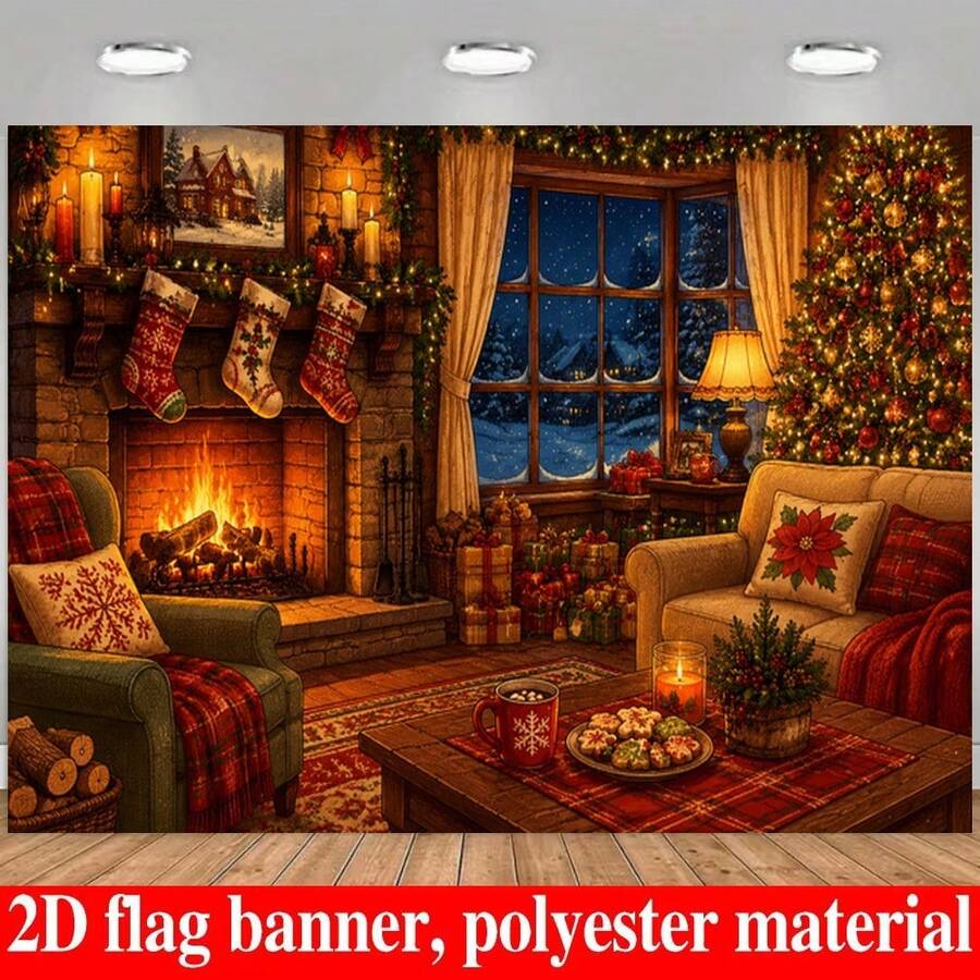 A 2D Flat Festive Christmas-Themed Banner Background Featuring Elements Such As A Fireplace, Christmas Tree, And Winter Decorations. No Power Supply Is Required. - A - View 1