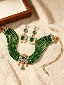 1Set Vintage Luxury Necklace & Earrings Set, Multi‑Use, As Head Chain, Hollow Synthetic Gems, Ladies Wedding Banquet Accessories - Multicolor - View 1