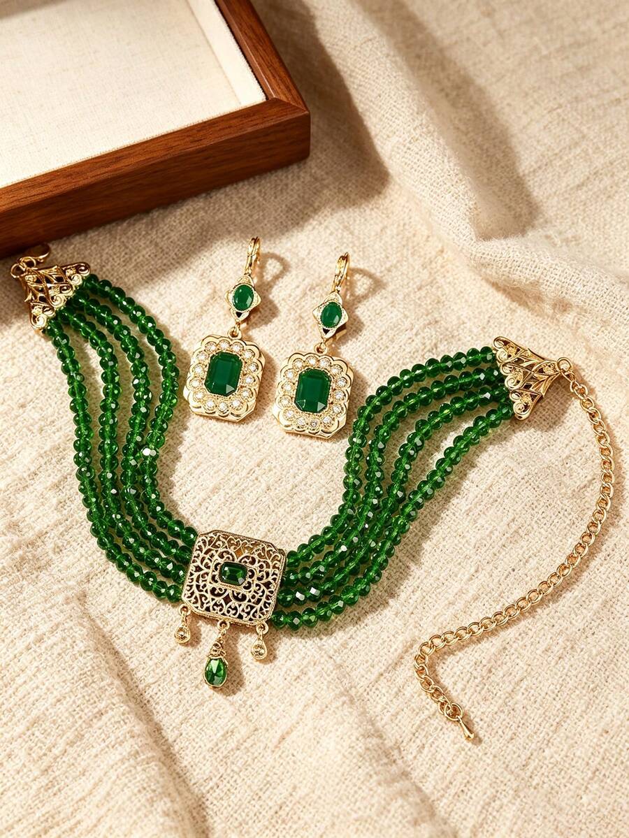 1Set Vintage Luxury Necklace & Earrings Set, Multi‑Use, As Head Chain, Hollow Synthetic Gems, Ladies Wedding Banquet Accessories - Multicolor - View 1