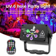 6 Hole UV Laser Party Light, 120 Effects DJ Disco Stage Light With Music Sync Voice Control, Remote Control & Timer, USB RGB Projector Lamp For Halloween Christmas Birthday Party Decoration - Black - View 3