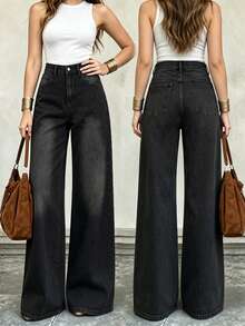 Women's Small Size Washed Denim Stretch Pants, Slimming And Versatile, Suitable For Outdoor Gatherings, Commuting, Vacation And Airport Outfits - Black - View 1
