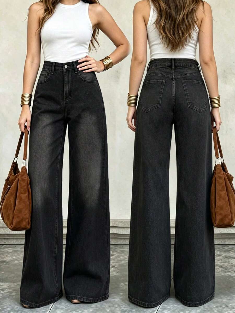 Women's Small Size Washed Denim Stretch Pants, Slimming And Versatile, Suitable For Outdoor Gatherings, Commuting, Vacation And Airport Outfits - Black - View 1