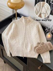 Girls' College Style Solid Color Cable Knit High Neck Cardigan Sweater, Suitable For School Daily Wear In Spring, Autumn And Winter - Apricot - View 3