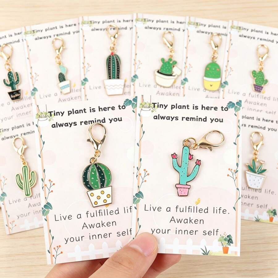 11pcs/1pc Fun Cactus Plant Keychain Set With PositiveEncouragement Greeting Cards, Suitable For BackpackStudy, Work Progress Motivation, Support Gift