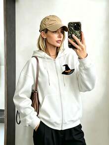 Personalized Customization - Autumn/Winter Hooded Zip-Up Sweatshirt - Custom Jacket Front And Back Pattern Customization LOG0/Christmas/Halloween/Thanksgiving/Dance Team LOGO/Work Uniform/Campus Class Uniform/Advertising Printing/Lucky Number/Text/Copy/Inspirational Quotes - Family, Pets, Friends - Anything Can Be Customized Hooded Jacket Warm - White - View 2