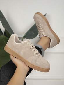 Men's Low-Top Lace-Up Casual Sneakers With Contrast Color Design, Suitable For All Seasons, Daily Wear, Commuting And Outings - Khaki - View 2