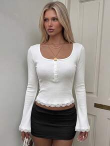 Women's Casual Sweet & Cool Style Henley Button Long Sleeve Top, Ribbed Texture Half-Button Top, Lace Trim Flared Sleeve Slim Fit Cropped Inner Layer - White - View 2