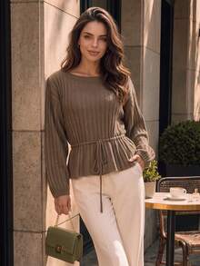 Sweater Rajut Bergaris Cokelat Musim Gugur Model Off Shoulder untuk Wanita, Pinggang Bertali, Lengan Lentera, Atasan Rajut Lembut Longgar, Pakaian Kasual Sehari-hari di Musim Gugur - Coklat - View 6