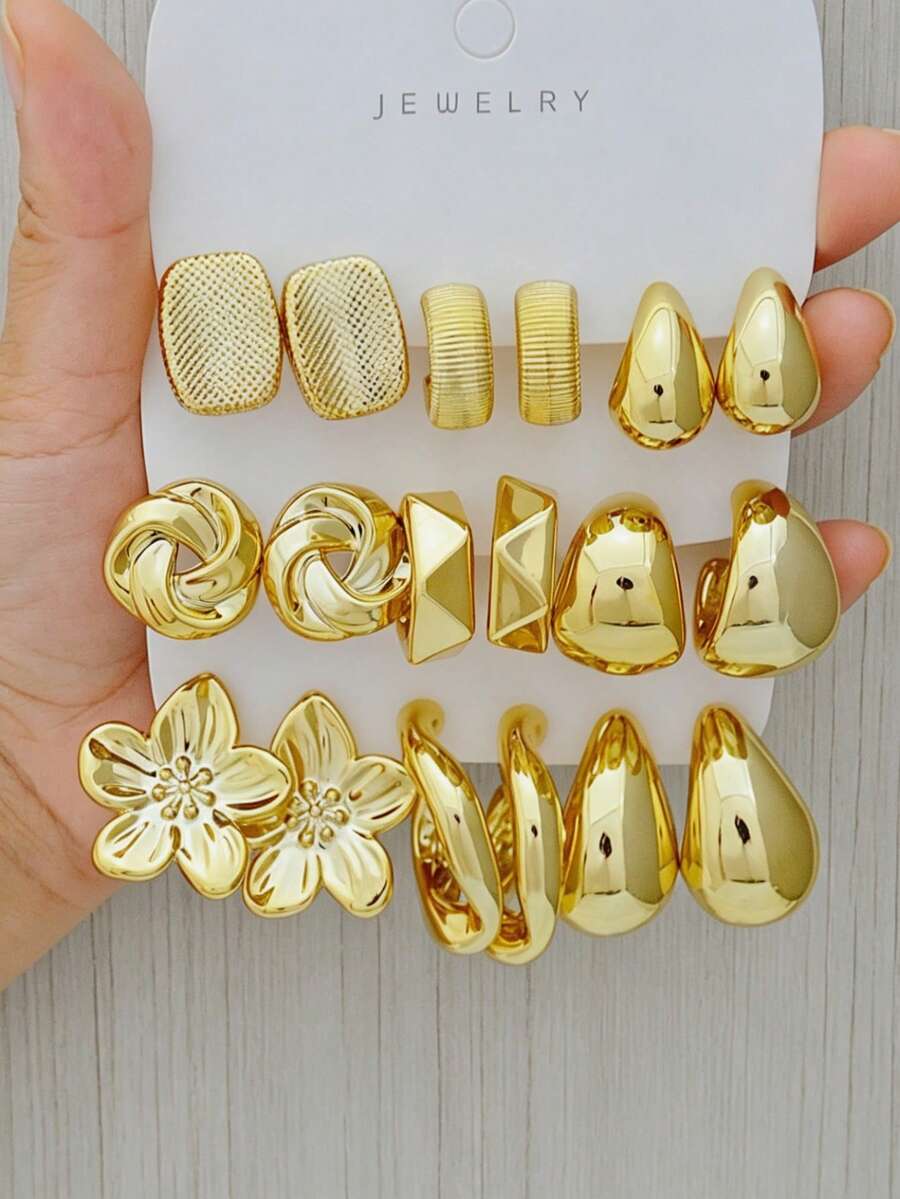 6/18pcs Stackable Earrings Set, Multi-Style Geometric Twisted Floral Water Drop Textured Hoop Earrings, Fashion Jewelry Gift For Women And Daily Wear - Gold - View 1