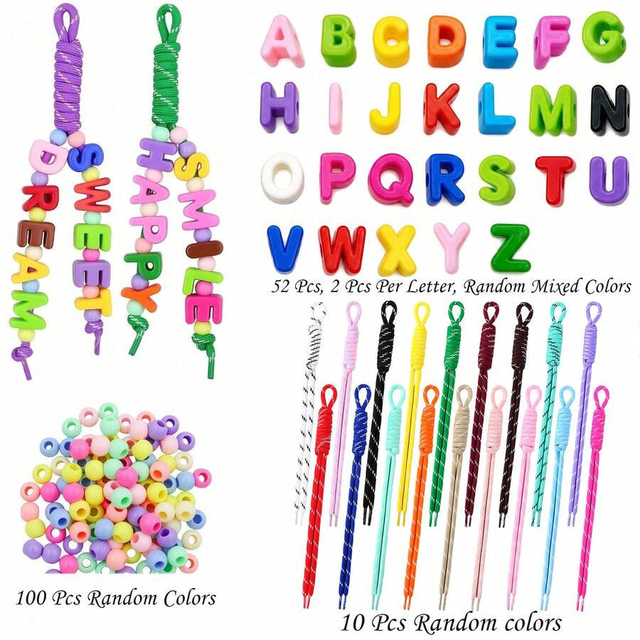 162Pcs Large Letter Beads Kit, 56 3D Bubble Alphabet Beads A-Z, 10 Colorful Paracord Straps And 100 Spacer Beads For DIY Backpack, Purse, Luggage Charms And Keychains - Multicolor - View 1