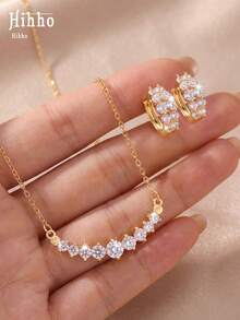 Hihho 3pcs/Set Luxury Sparkling Necklace & Earring Set, Women's Jewelry Suitable For Commute, Date, Party, Gathering - Round Zirconium - View 5