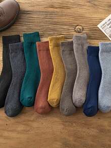 5 Pairs Women's Winter Thermal Lined Terry Socks, Random Style, Thickened Warm Solid Color Mid-Calf Home Socks, Randomly Sent - Multicolor - View 6