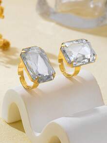 2pcs/Set Elegant Vintage Luxury Inlaid White Rectangular Rhinestone Women's Ring Set, Suitable For Gift, Party, Daily Wear - Rectangular White - View 2