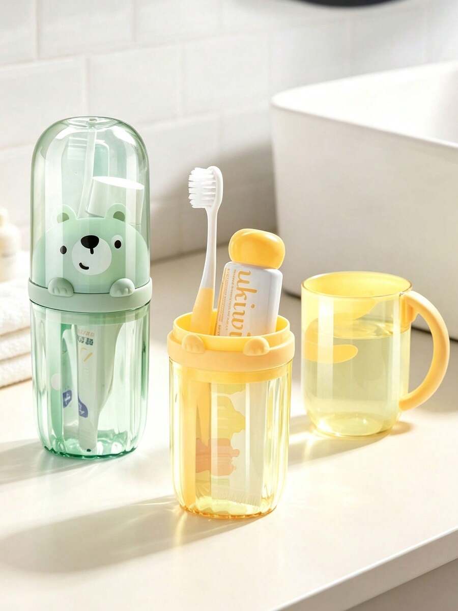 Cute Cartoon Travel Toothbrush Cup, Portable Leak-Proof Toothpaste Storage Box, Detachable Plastic Mouthwash Cup, Suitable For Business Travel, Camping, Bathroom, Home Use - Multicolor - View 1
