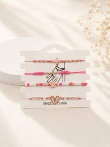 4pcs Pink Beaded Charm Bracelet For Women With Cross, Flower, Heart And Evil Eye Design, Cute Fashion Jewelry Accessory For Women, Everyday Wear - Multicolor - View 8