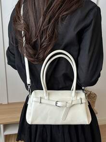 Women's Retro Oil Wax Rectangle Handbag, Belt Buckle Decor Shoulder Purse, Casual Simple Daily Shopping Tote Bag - White - View 5