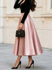 DONICY Women's Elegant Satin Champagne High Waist Flared A-Line Long Skirt For Autumn - Pink - View 8