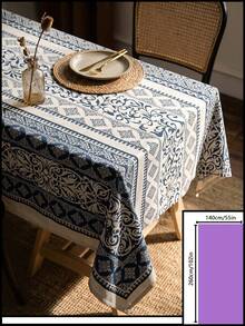 1pc Blue & White Vintage Botanical Vine Pattern Tablecloth, Exotic Retro Style Woven Fabric Material, Rectangular Straight Edge Detail, Stain-Resistant Protection & Decorative Function For Home Dining Table, Suitable For Daily Home Decor And Bohemian Decoration Scenes - Blue - View 15