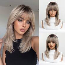 FIVE STARS 16 Inch Gray-Brown Gradient Blonde Layered Shoulder Length Full Bangs Synthetic Fiber Rose Cap, Comfortable Full Head Wear, Suitable For Halloween, Thanksgiving, Christmas, New Year Party, Cosplay, Holiday Costume Accessory - Multicolor - View 13