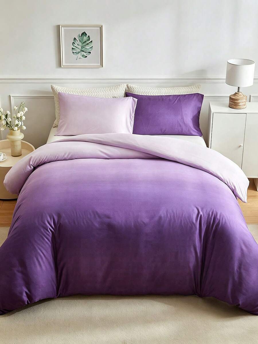 3pcs Ombre Purple Polyester Duvet Cover Set, Minimalist & Fashionable Bedding Set Suitable For All Seasons - Multicolor - View 1