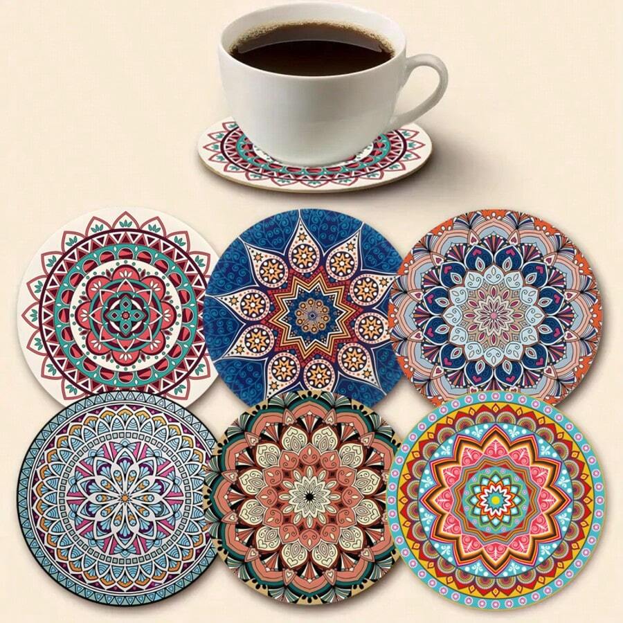 6pcs/Set 3.94X3.94 Inch Colorful Mandala Art Acrylic Coasters, 2D Colorful Mandala Art Coasters, Suitable For Patio Table, Kitchen, Living Room, Best Art Gift For Family