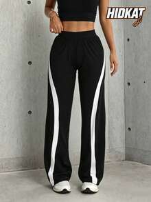 Hidkat Women's Fashion Solid Color High Waist Elastic Yoga Casual Sports Knit Long Pants - Black and White - View 1