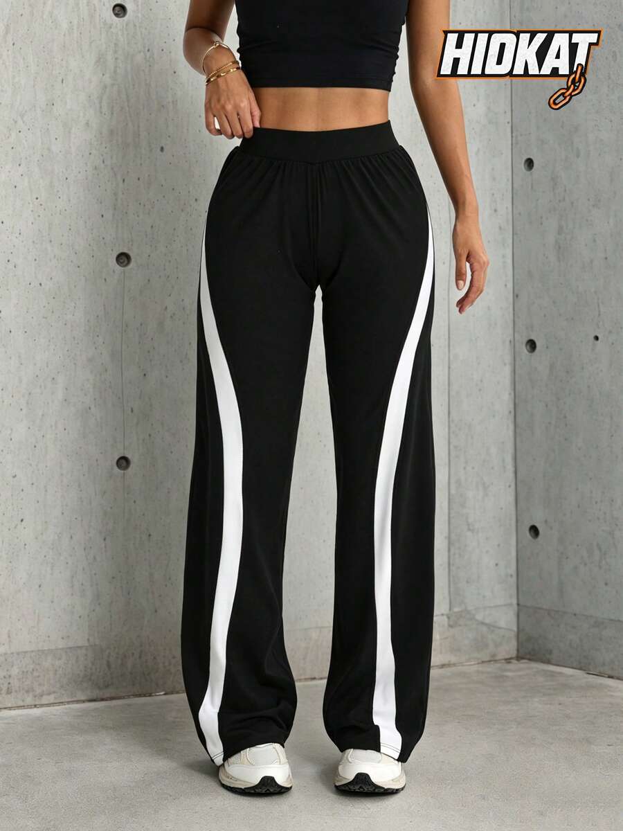Hidkat Women's Fashion Solid Color High Waist Elastic Yoga Casual Sports Knit Long Pants - Black and White - View 1