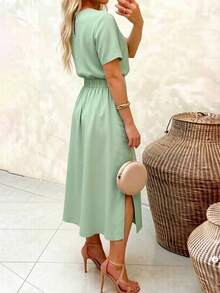 Women's Solid Color Casual Fashion Round Neck Short Sleeve Top And Side Slit Skirt 2 Pieces Set - Mint Blue - View 3