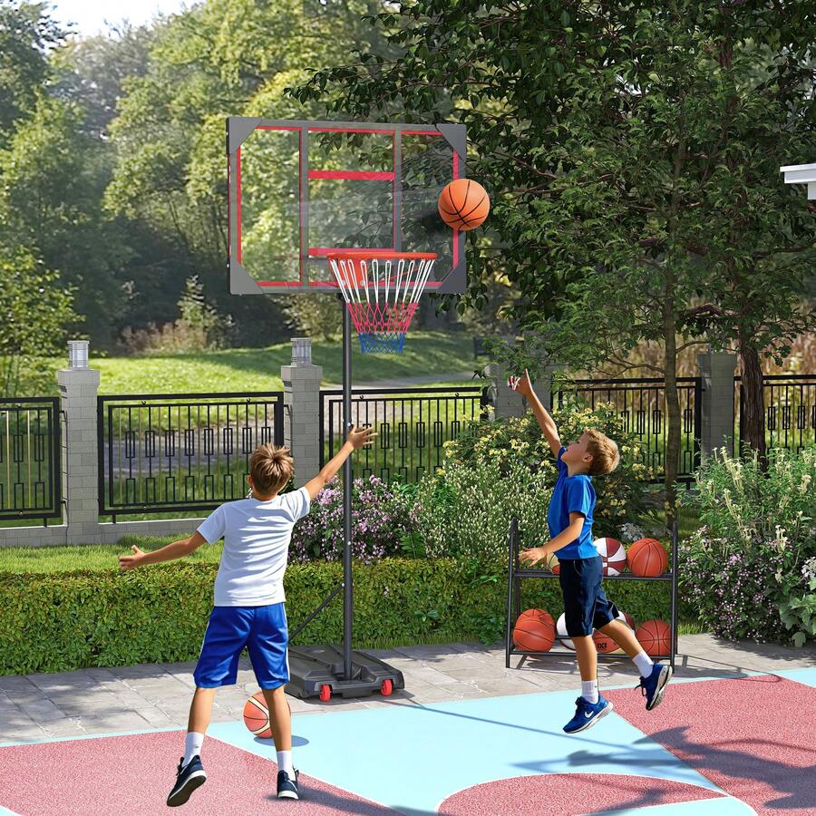 AIYAPLAY Basketball Hoop Outdoor, 210-260cm Height Adjustable Basketball Hoop And Stand With Wheels, Larger Base, For 6+ Years, Red - Red - View 1
