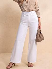 Women's Asymmetric Waistband Denim Jeans With Offset Waist Design - White - View 4