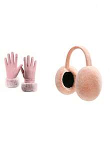 2pcs/Set Plush Foldable Earmuffs And Plush Trim Gloves, Suitable For Autumn/Winter, Versatile Fashion Minimalist - Multicolor - View 10