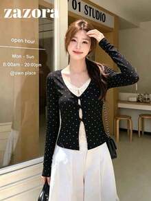 Kaos Lengan Panjang Leher Persegi 2-in-1 Motif Polkadot Kuning Bahan Sutra, Atasan Slim Fit Gaya Korea, Cocok untuk Awal Musim Gugur - Hitam - View 7