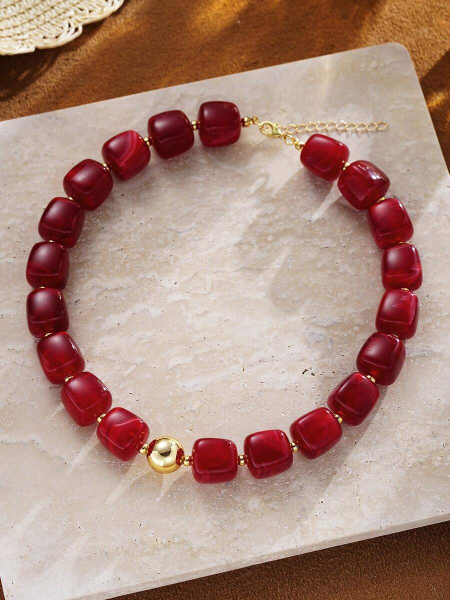 1pc Vintage Casual Red Chunky Geometric Pattern Beaded Collarbone Necklace, Suitable For Women's Daily Wear, Party, Date, Christmas Gift - Red - View 1