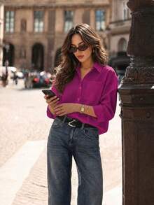 QIANZHIDU Kemeja Lengan Panjang Wanita Elva Musim Gugur Longgar dengan Kerah Bahu Jatuh, Cocok untuk Pesta, Gaya Jalanan, Jalan-jalan, dan Kantor - Hot Pink - View 7