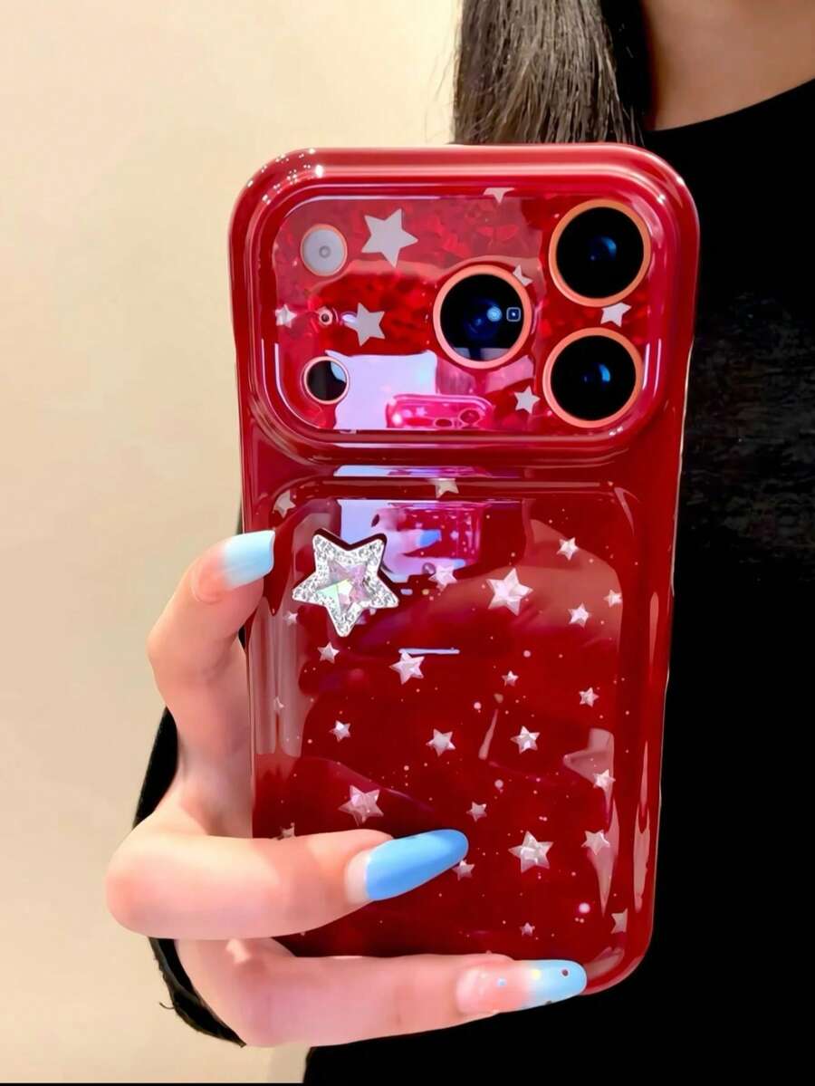 Ins Red Ink Splatter Gradient 3D Star Phone Case Compatible With Apple 18 Pro Max, New 17, 16, 13, 14, 15 Pro, Niche Women Style Full Coverage Shockproof 2-In-1 Protective Cover - Red - View 1