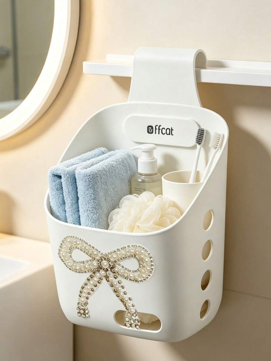 Cute Pearl Bow Hanging Storage Basket, Wall-Mounted Plastic Storage Box, Suitable For Shower, Dorm, Gym, Travel Accessories, Space-Saving Hanging Storage Bag, Suitable For Shower, Bedroom, RV Bathroom, Kitchen, Home Storage And Dressing Room, Lightweight And Durable Mesh Bag, Convenient For Storing Cosmetics, Towels, Small Items, Suitable For Christmas, Easter, Back To School, Dorm Storage - Multicolor - View 1