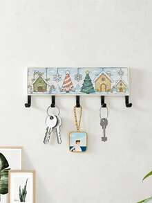 1PC Christmas Wall‑Mounted Key Rack, Wall Storage Organizer With Winter Christmas House & Tree Pattern, Multi‑Purpose Hanger For Entryway, Christmas Home Decor Gift, Housewarming Present - View 4