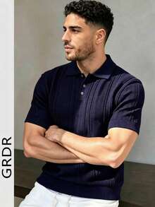 GRDR 男士新款 Polo 领时尚针织短袖 T 恤 - 休闲简约日常穿着 - 藏蓝色 - 查看 11