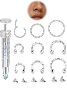 Septum Rings Set With Grabber Tool, 9PCS Stainless Steel Hypoallergenic Horseshoe Rings With Replacement CZ Ball Ends - Silver - View 1