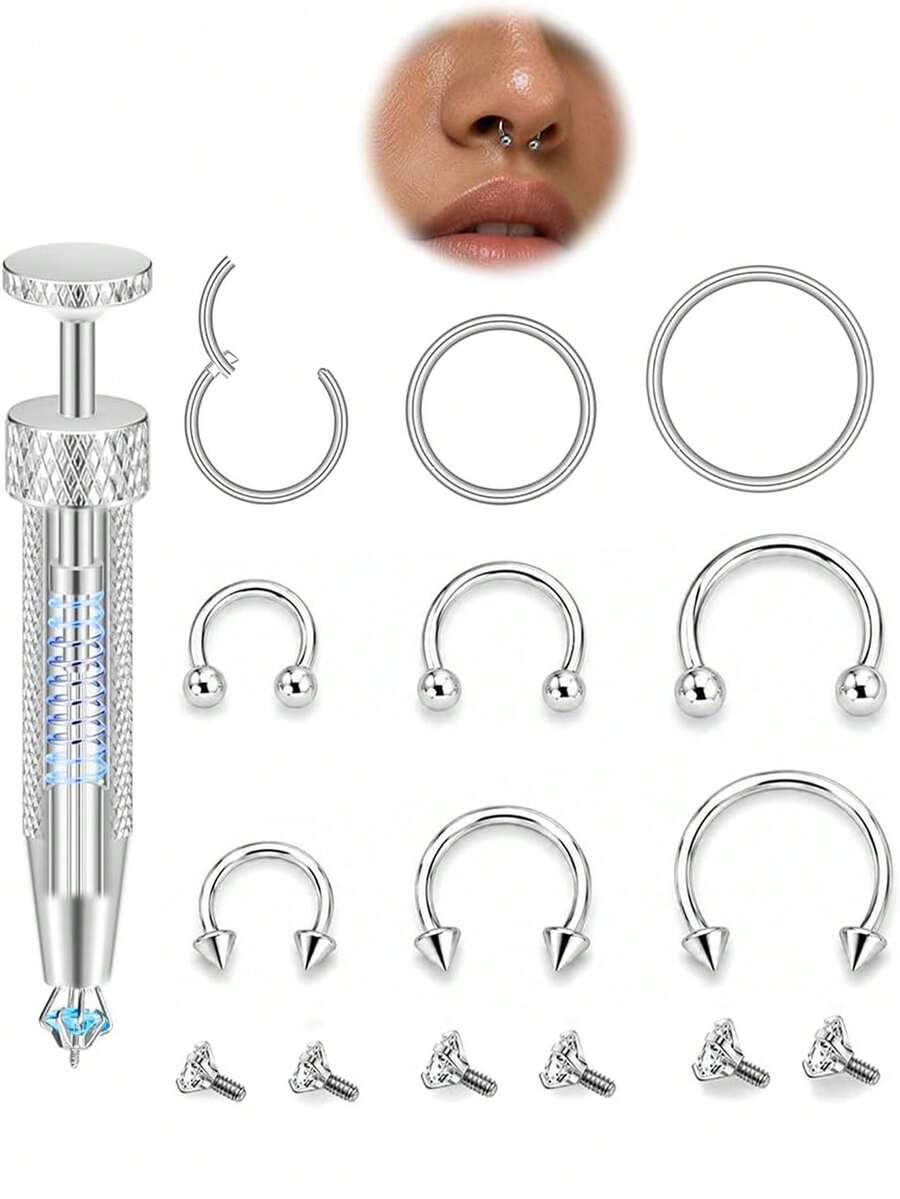 Septum Rings Set With Grabber Tool, 9PCS Stainless Steel Hypoallergenic Horseshoe Rings With Replacement CZ Ball Ends - Silver - View 1