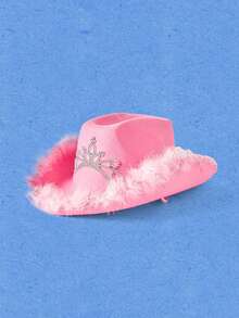 Popjeli 1pc Women's Autumn Party Rhinestone Pink Crown Cowboy Hat, Halloween Feather Edge Festival Party Hat Suitable For Daily Wear - Multicolor - View 4