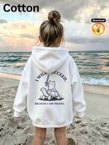 2026 Autumn/Winter Girls' Custom Loose White Hooded Sweatshirt, Cartoon Cat Riding Turtle And Letter Print, Casual Cute Style - White - View 11