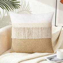 Farmhouse Bohemian Style Tassel Patchwork Lumbar Pillow Cushion Cover, Neutral Beige & White Rectangular Decorative Throw Pillowcase, Suitable For Sofa Bedroom Living Room Home Decor - Beige - View 1