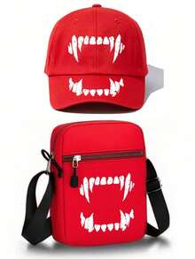1pc/2pcs Halloween Vampire Fangs Print Baseball Hat & Crossbody Bag Set, Unisex Gothic Streetwear Accessories For Men Women, Fall Winter - Multicolor - View 8