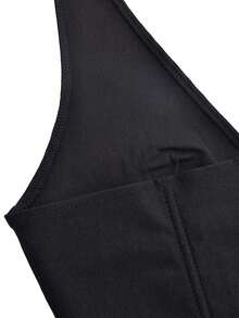 ApperlothPOP Solid Color Romantic Fitted Waist Blouse, Deep V Neck Sleeveless Front Button Halter Tank Top, Suitable For Dating, Outings And Carnival - Black - View 10