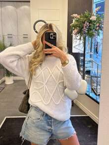Sweater Wol Elegan Wanita dengan Bordir Garis Tekstur 3D Gaya Klasik, Cocok untuk Kembali ke Sekolah, Lengan Panjang, Warna Putih, Atasan Rajut Bergaris, Gaya Streetwear Musim Gugur - Putih - View 3