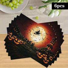 1/4/6pcs Halloween Series Full Moon Flying Witch Pattern Printed Placemats, Heat-Resistant Table Mats For Home Kitchen/Dining Table Protection, Party Scene Decoration - Multicolor - View 15
